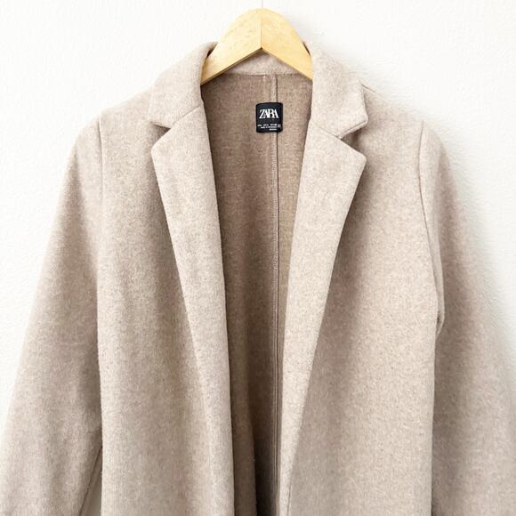 ZARA | Tan Beige Overcoat Open-Front Long Line Jacket Coat Trench Length | Large - Picture 2 of 10